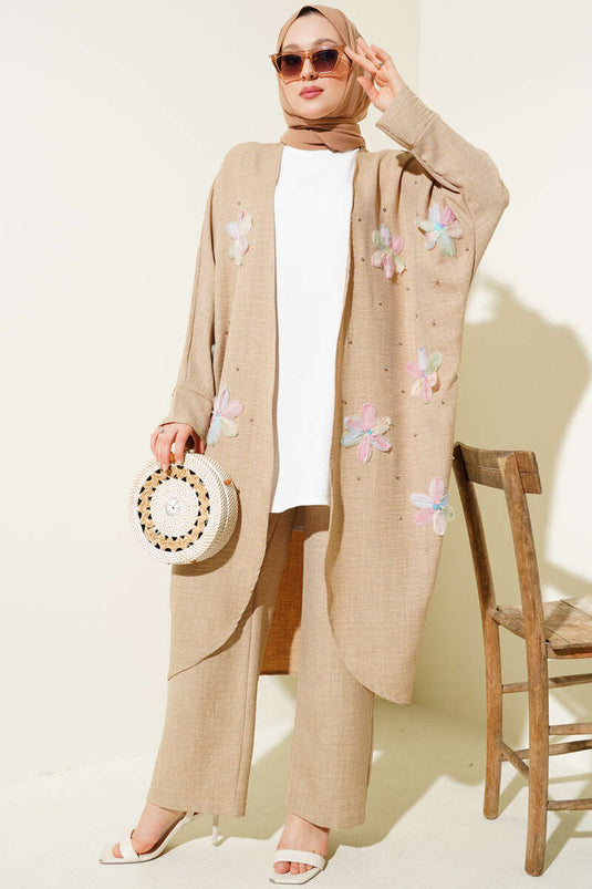 Tulle Floral Kimono Three Piece Set Beige