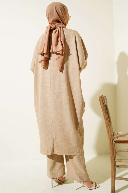 Ensemble trois pièces kimono fleuri en tulle beige