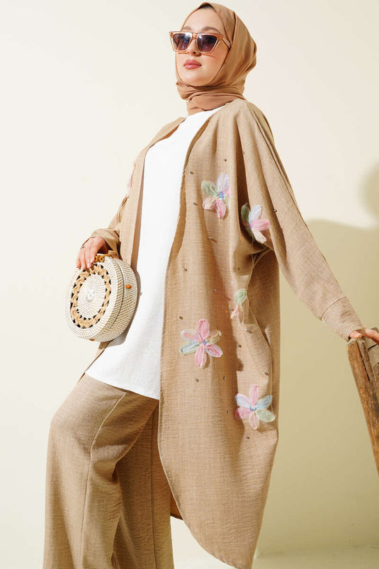 Ensemble trois pièces kimono fleuri en tulle beige