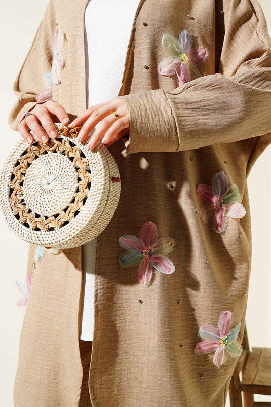 Tulle Floral Kimono Three Piece Set Beige