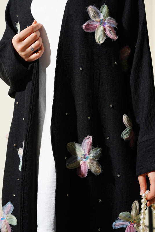Tulle Floral Kimono Three Piece Suit Black