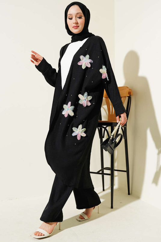 Tulle Floral Kimono Three Piece Suit Black