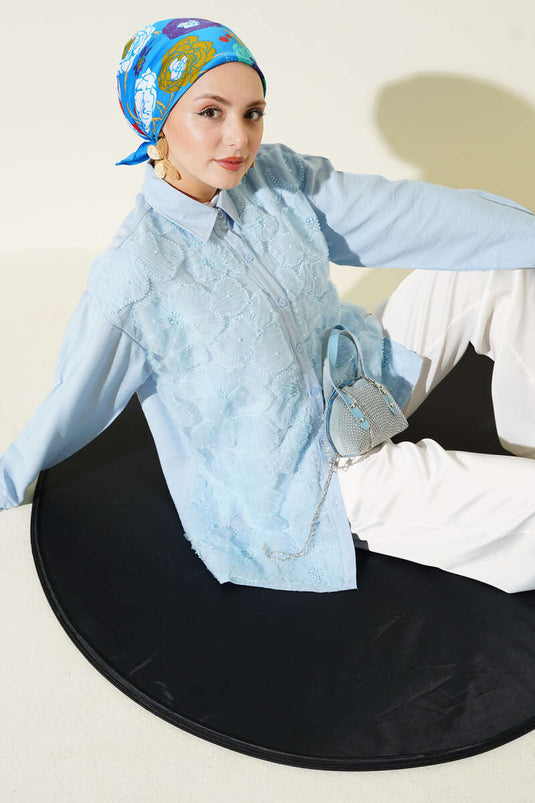 Organza Floral Stone-Embellished Shirt Baby Blue