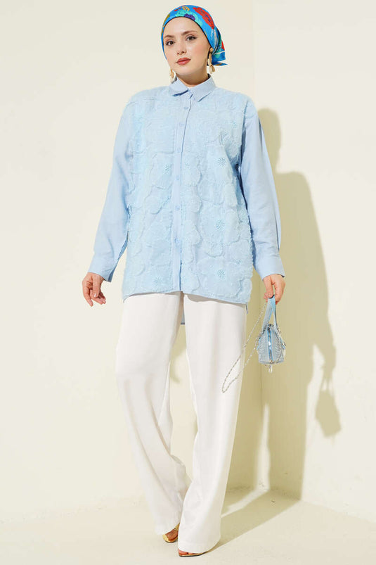 Organza Floral Stone-Embellished Shirt Baby Blue