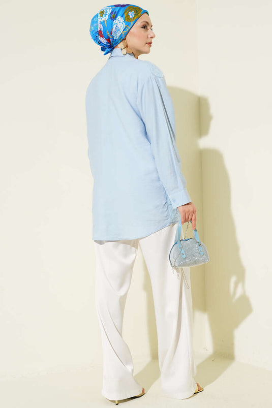 Organza Floral Stone-Embellished Shirt Baby Blue