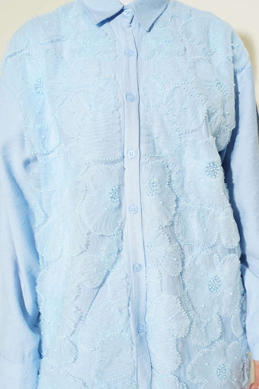 Organza Floral Stone-Embellished Shirt Baby Blue