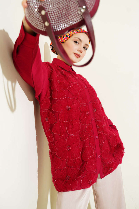 Bluse mit Tüllblumen und Steinverzierung, Bordeaux