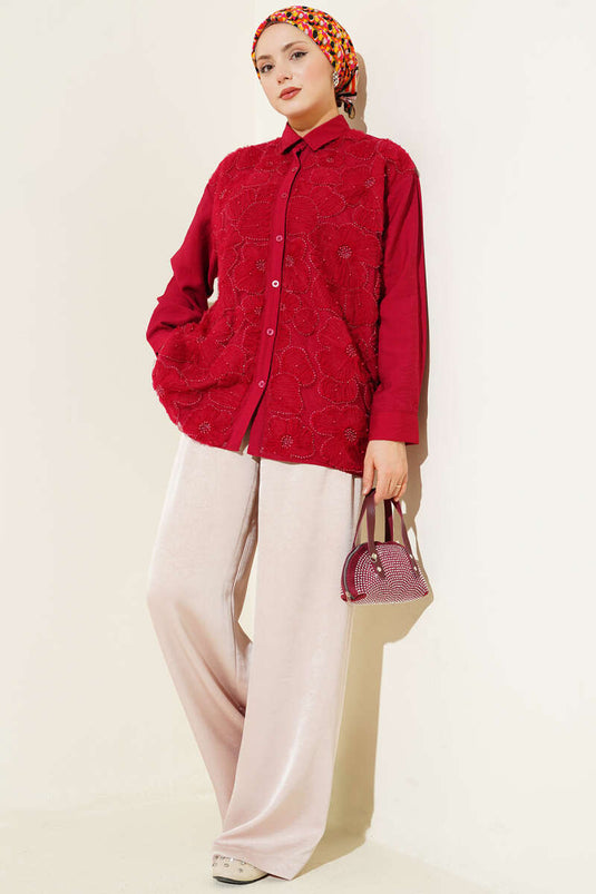 Bluse mit Tüllblumen und Steinverzierung, Bordeaux
