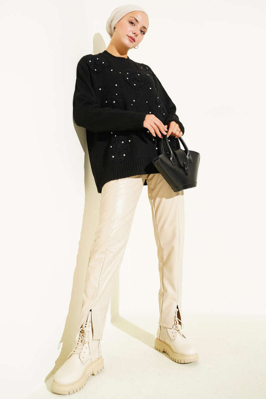 Tül Çiçekli Taşlı Triko Tunik Siyah