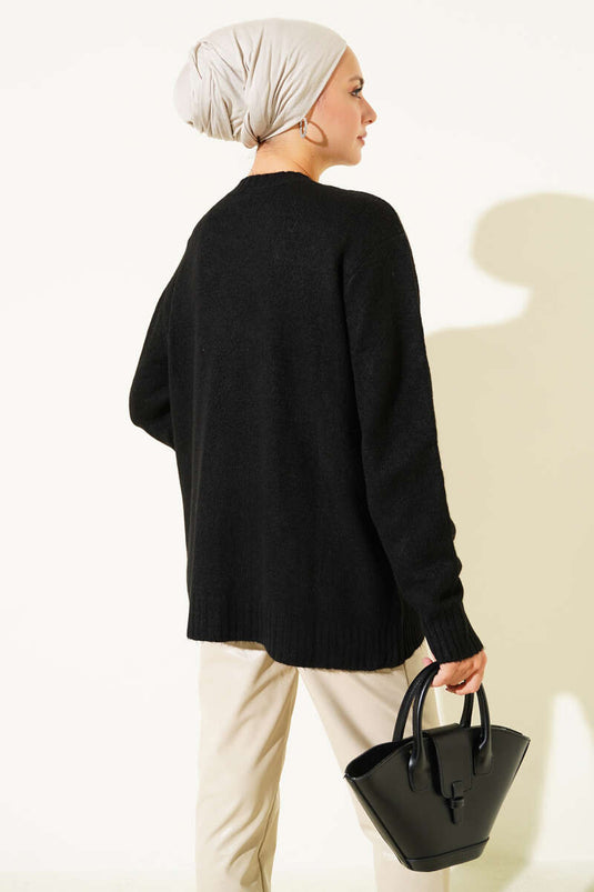 Tül Çiçekli Taşlı Triko Tunik Siyah