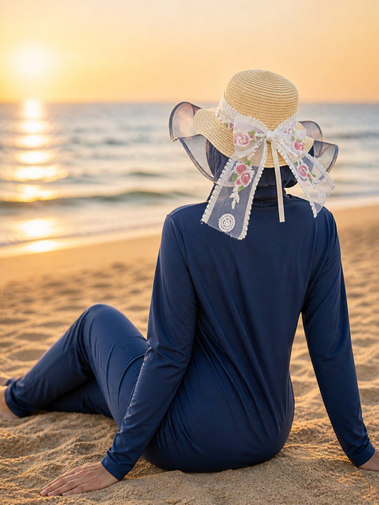 Straw Hat with Tulle Detail and Floral Ribbon, Camel