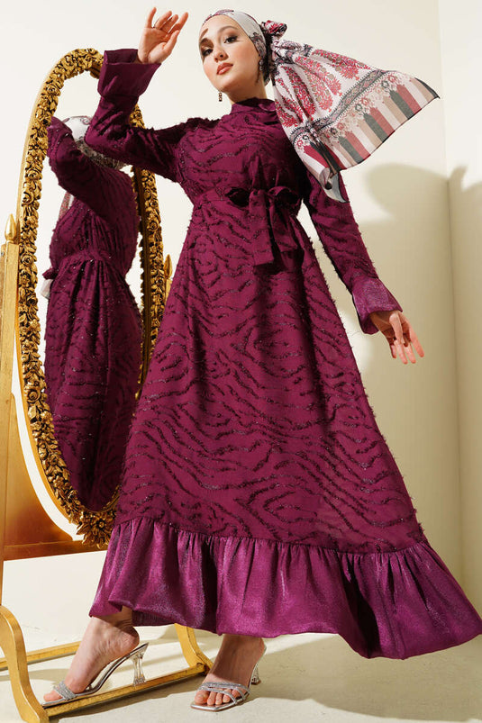 Tulle Detailed Bearded Flared Dress Burgundy