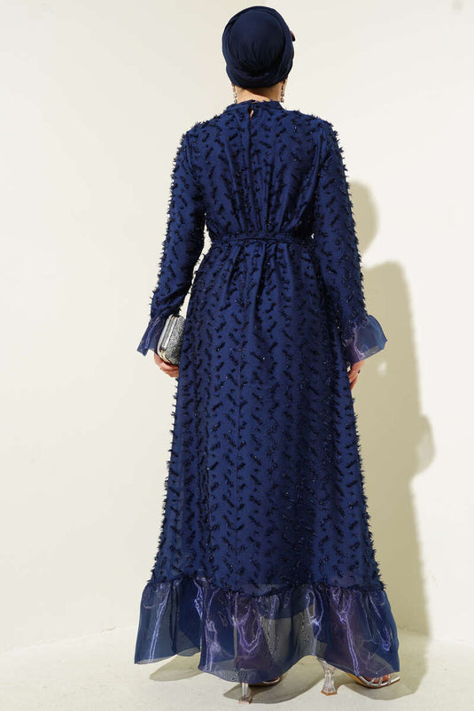 Robe évasée à barbe détaillée en tulle bleu marine