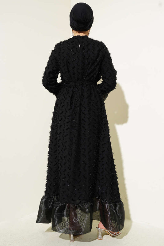 Tulle Detailed Bearded Flared Dress Black