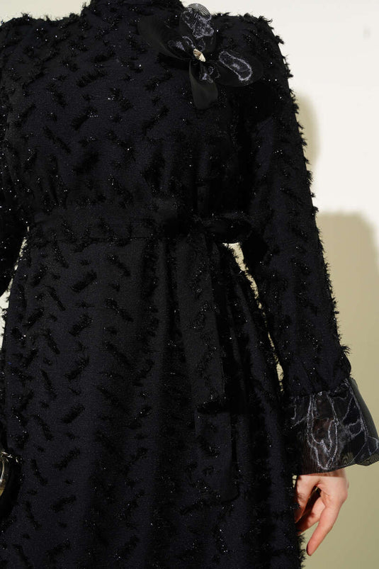 Tulle Detailed Bearded Flared Dress Black