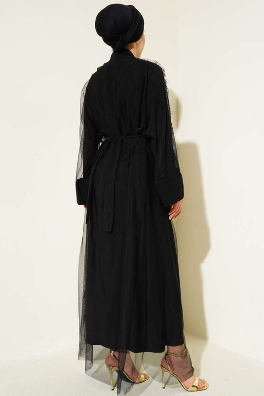 Tül İnci Detaylı Abaya Siyah