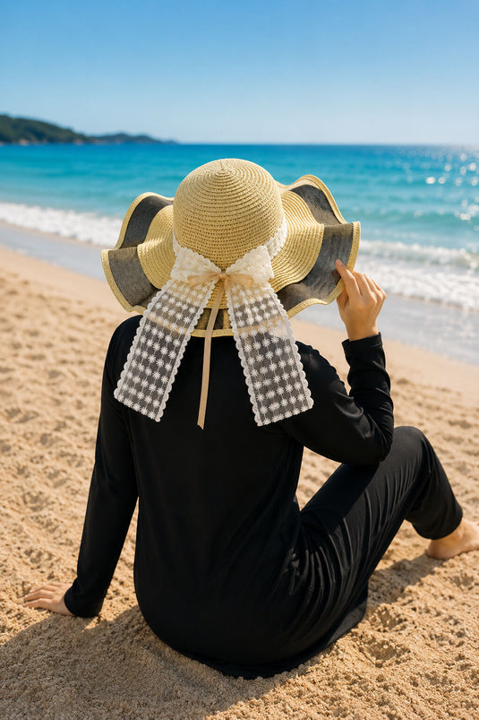 Straw Hat with Tulle Edging and Lace Trim Camel