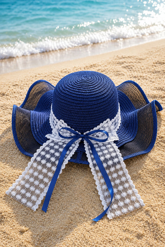 Straw Hat with Tulle Edging and Lace Trim, Navy Blue