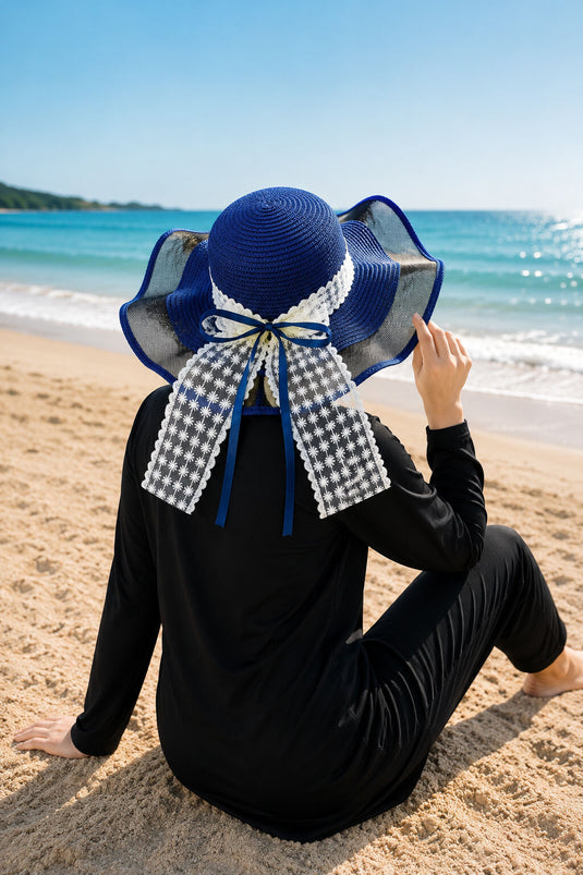 Straw Hat with Tulle Edging and Lace Trim, Navy Blue