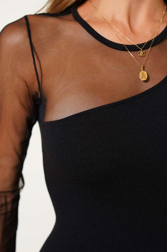 Tulle Sleeved Midi Dress Black