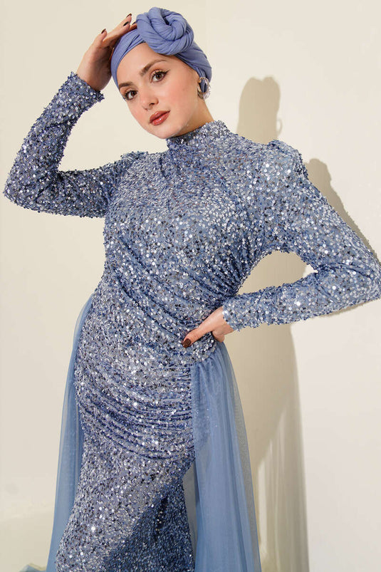 Baby Blue Sequin Evening Dress with Tulle Cape