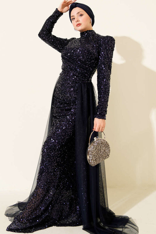 Robe de soirée bleu marine à sequins avec cape en tulle