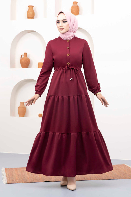 Robe Hijab Ceinturée Tunnel Rouge Claret