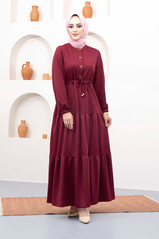 Robe Hijab Ceinturée Tunnel Rouge Claret
