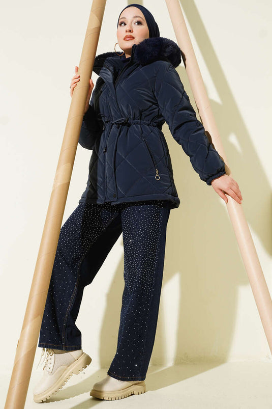 Tunnel Hooded Short Quilted Jacket Navy Blue