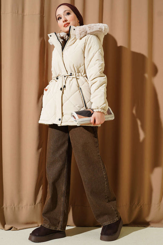 Manteau court matelassé à capuche avec tunnel couleur pierre