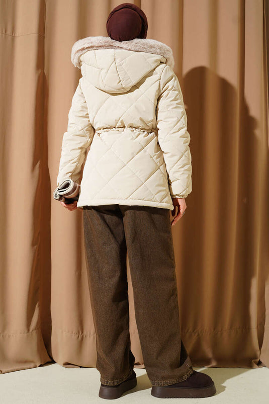 Manteau court matelassé à capuche avec tunnel couleur pierre