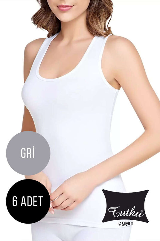 Tutku Dames 6-delig geribbeld ondershirt met brede bandjes, grijs