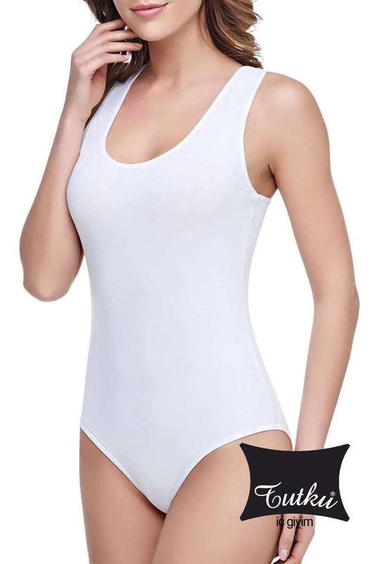Tutku Women's Wide Strap Snap Bodysuit White