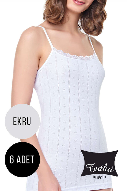 قميص داخلي نسائي من Tutku Jacquard Rope Strap مكون من 6 قطع بلون البيج الفاتح
