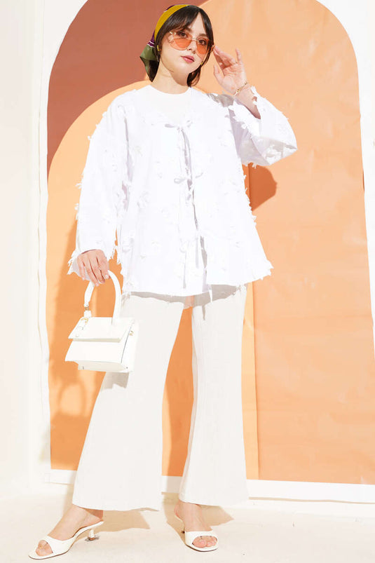 Three-Lace Tassel Kimono White