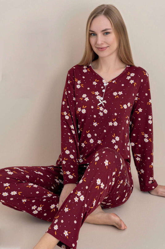 Three-Button Floral Pajama Set in Burgundy