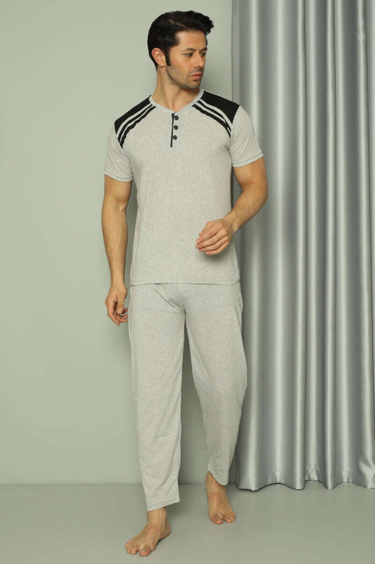 Three-Button Plaid Detail Short Sleeve Men's Pajama Set Gray