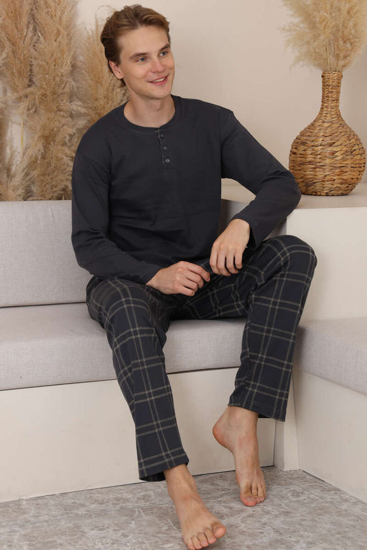 Three-Button Checked Men's Pajama Set Anthracite