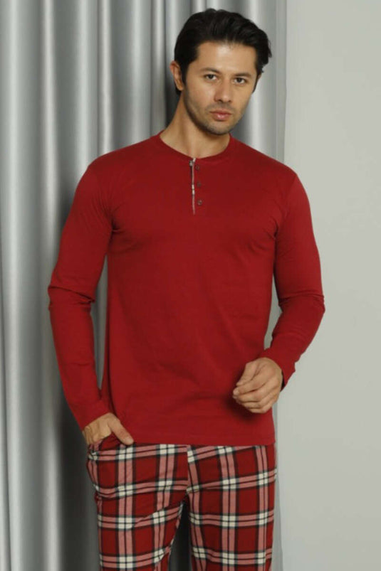 Ensemble de pyjama pour homme à trois boutons et motif écossais bordeaux