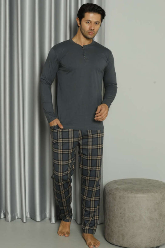 Three-Button Checked Men's Pajama Set Smoke Gray