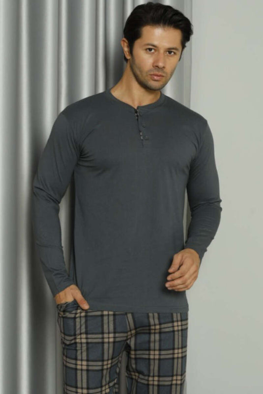 Three-Button Checked Men's Pajama Set Smoke Gray