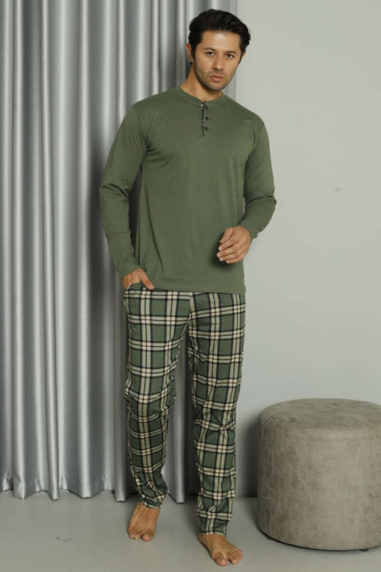 Ensemble de pyjama pour homme à trois boutons et motif écossais kaki