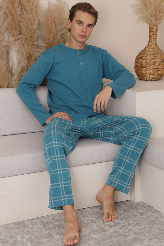 Three-Button Checked Men's Pajama Set Blue