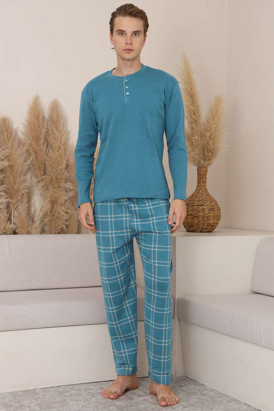 Three-Button Checked Men's Pajama Set Blue