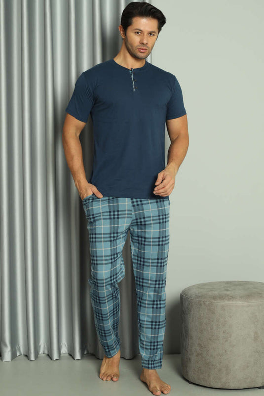 Ensemble pyjama homme à carreaux indigo, manches courtes, trois boutons