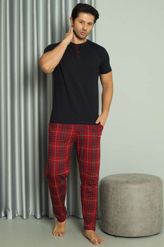 Ensemble pyjama homme à carreaux, manches courtes, trois boutons, bleu marine