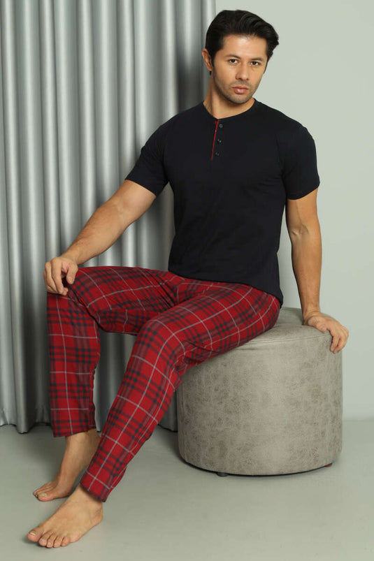 Ensemble pyjama homme à carreaux, manches courtes, trois boutons, bleu marine