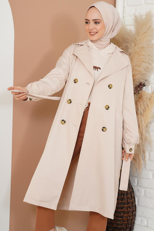 Beige Double-Breasted Wrap Coat With Three Buttons