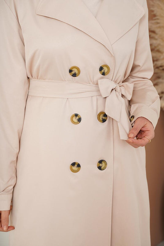 Beige Double-Breasted Wrap Coat With Three Buttons