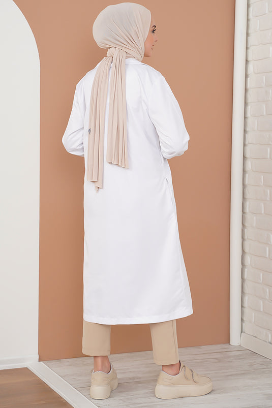 Three-Button Double-Breasted White Trench Coat